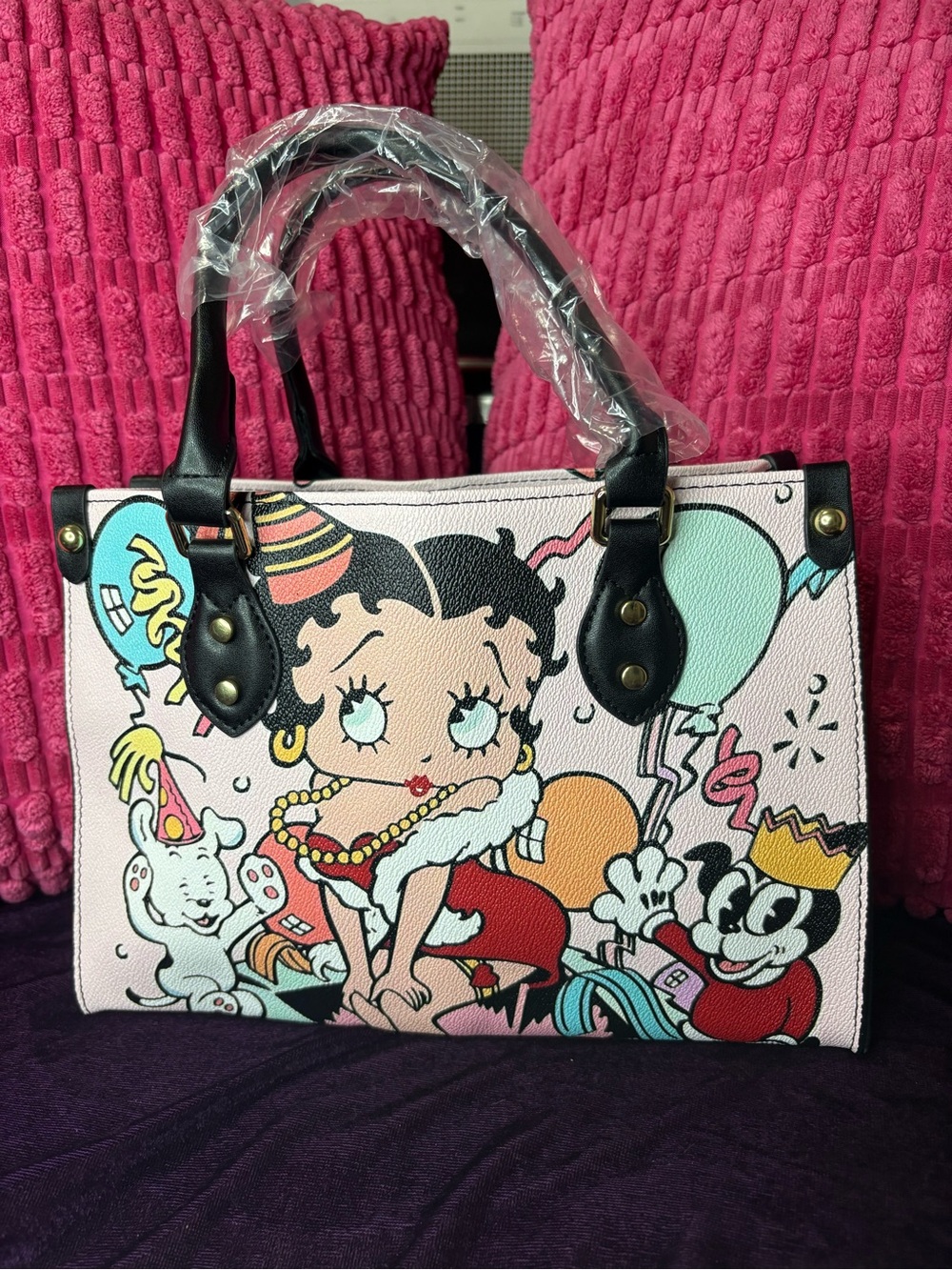 Betty Boop Print Pink Tote Bag with Black Handles